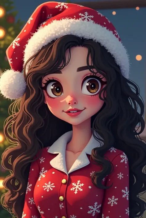 Eu quero em   Pixel art  ,   A young white adult  ,  with curly hair , very dark brown  , Very long , below the waist,   dark brown eyes too much  ,  in a Christmas setting   ,    wearing Christmas pajamas   ,    and a Santa Claus hat   ,    the image does...