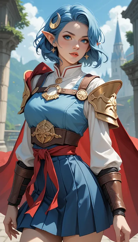 Score_9, score_8_up, score_7_up, rating_safe, rena lanford, 1woman, blue hair, short hair, blue eyes, pointy ears, crescent hair ornament, red cape, blue vest, leather armor, no shirt under armor, red ribbon, waist ribbon, blue skirt, micro miniskirt, crop...