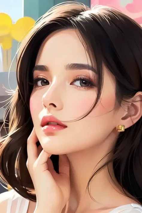  bright color,  Beautiful style ,  HIGH QUALITY ILLUSTRATION ,  Poses where a woman supports her chin with her hands, Elegant painting, Detailed illustration of clothing and facial features .