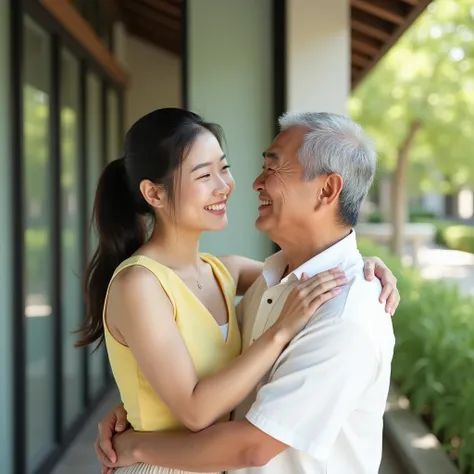 full body, Two korean adults, a young woman and an old man, standing outside near a glass door. The woman, light-skinned,  appears to be in her late twenties or early thirties, is wearing a light yellow sleeveless top and light-colored skirt.  Her hair is ...