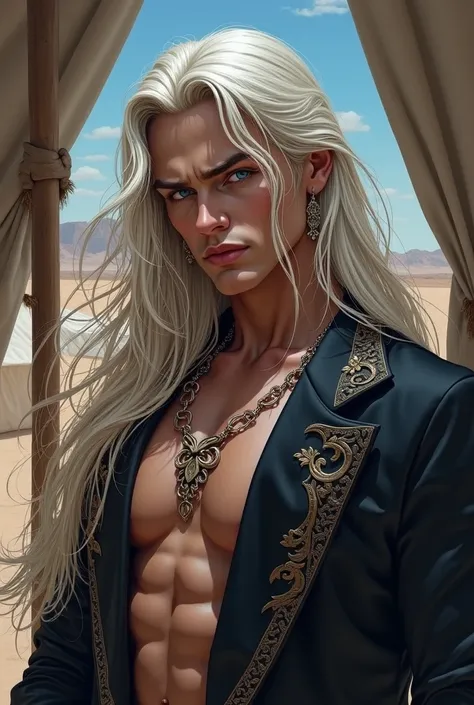 a beautiful, refined, vivid drawing in the style of a realistic comic book of the 80s.drawing a comic strip from the 90s.lying in the center of the tent, a handsome guy with long white hair below his shoulders,with blue eyes, tanned skin, a very handsome m...