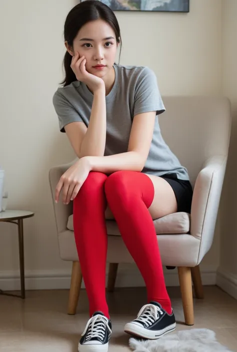 A girl wearing a gray shirt, black shorts, red high thigh socks and converse, she is sitting in a chair