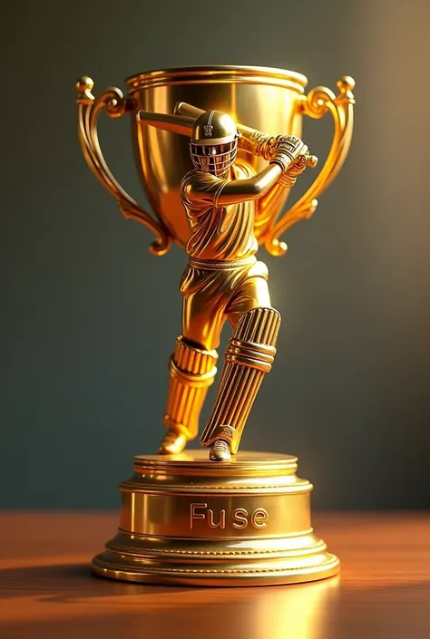 Create a gold cricket trophy for the most runs scored in the tournament and at the bottom of the trophy the name FUSE Should be imprinted.