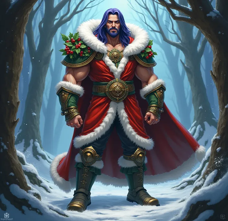 A man with dark purple hair ,  warrior with blue eyes, dressed in a Christmas costume 