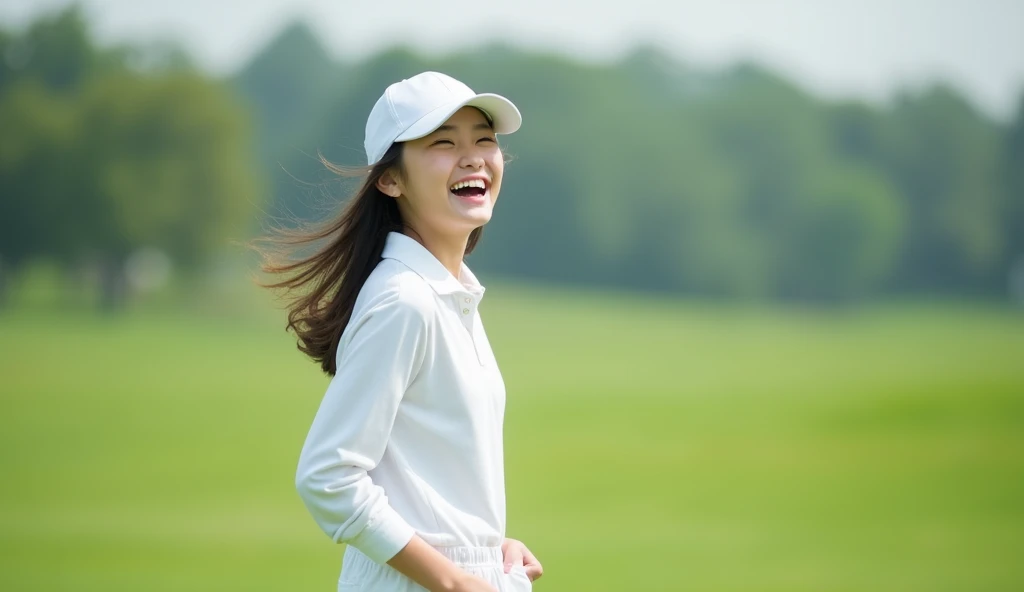 Create a picture of an Asian girl in her 20s wearing a white long-sleeved shirt, a top pellet buttoned car, wearing a cap, white shorts with a bright face laughing in the right corner of the rear camera frame as a blurred green field. Size 1920×1080