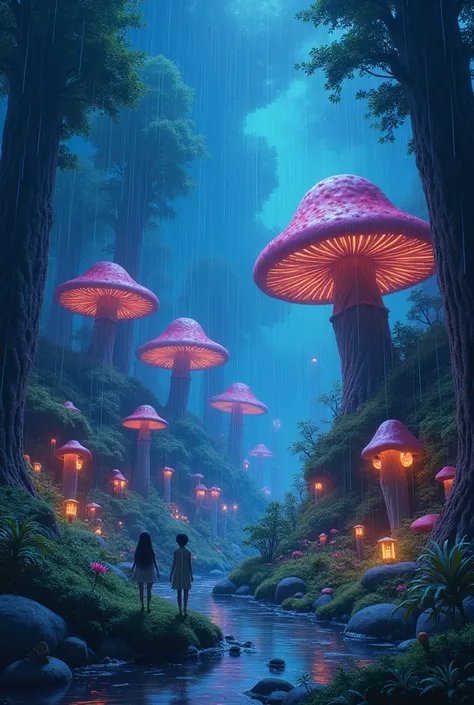 (photorealism:1.2), realistic, Viral anime nature wallpaper in 4K quality, in the style of digital illustration inspired by Yoshitaka Amano, showing a mystical forest with giant mushrooms house villages, with windos and balcony. bioluminescent plants, and ...