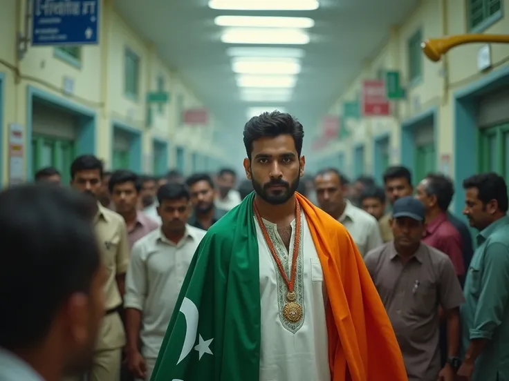 indian hospital crowd to see policepakistan man standing in indian flag