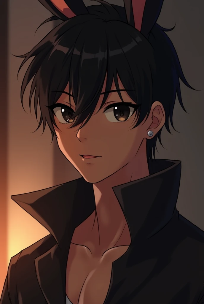 em slightly anime,  boy
---

**Chimes Appearance:**

Chime is a striking, dark-skinned demi-human bunny, with a tall, well-built body that showcases his strength. His skin is a rich, warm brown, perfectly complementing his stylish and neatly kept hairstyle...