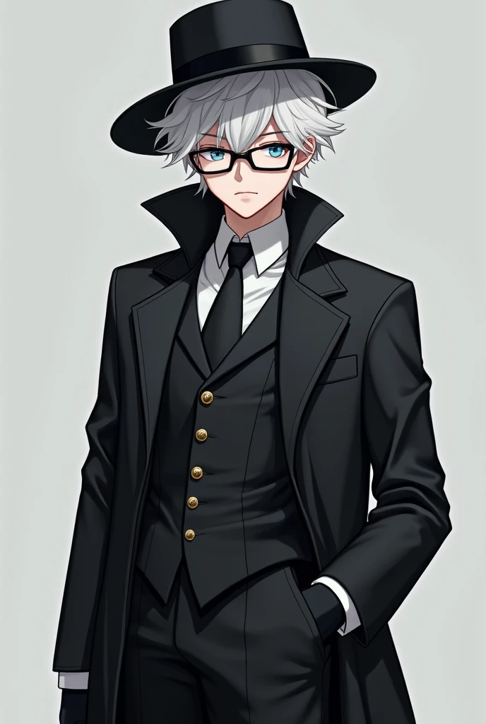 boy,white hair,fluffy hair,blue eyes,black glasses,black suit,black cloves,black long pants,black hat