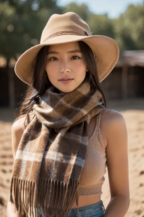 Portrait of a beautiful woman on a muddy farm:1.2 ,  Cowboy Hat ,  Fringed Vest  , pants,  scarf ,  Confidence  ,  medium bust,