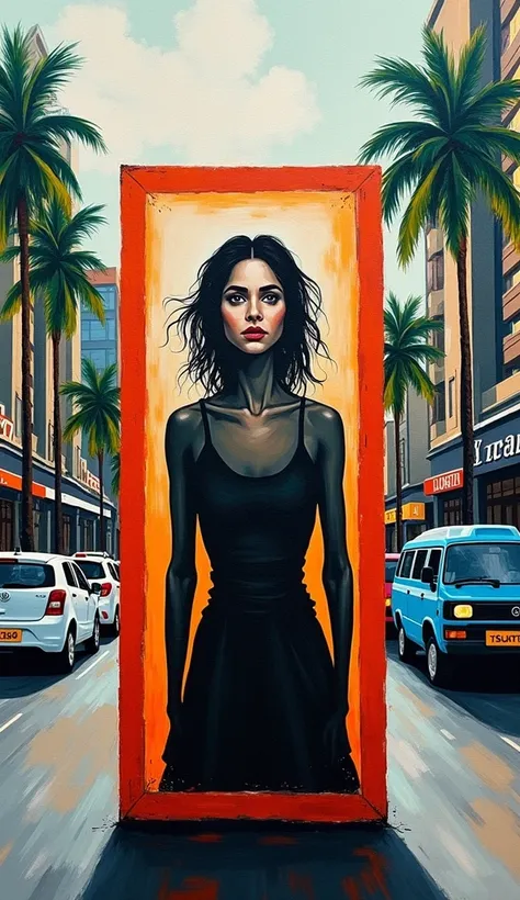 A Kerala urban street painted in bold, abstract strokes, with a woman’s silhouette trapped inside a transparent box. The surrounding world—lush coconut trees, modern buildings, and speeding vehicles—appears vibrant and chaotic, yet the box remains static a...