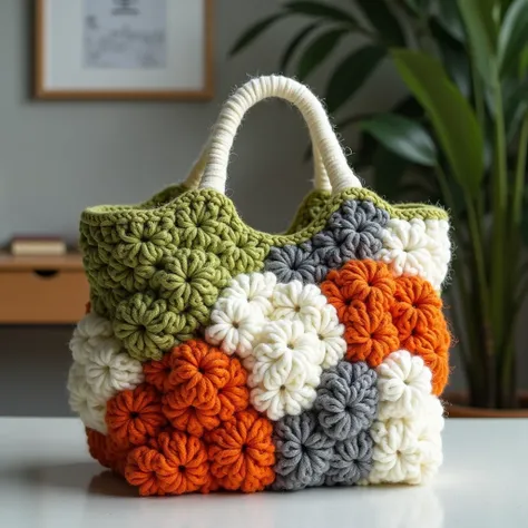 Nice stylish bag design crochet with wool new design on wool bag and separate design white green orange rust gray color full view pic room view zoom out on table in room