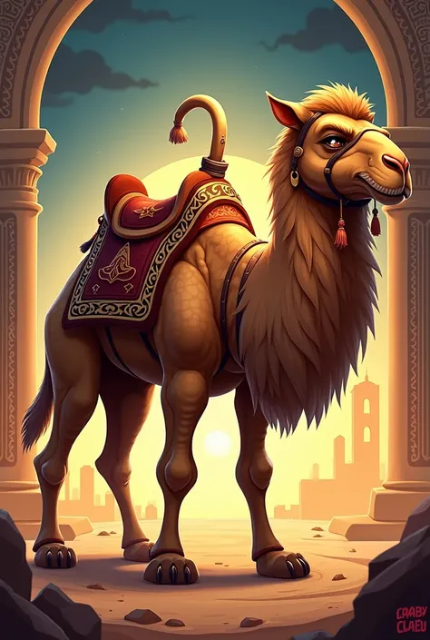 “A semi-realistic cartoon-style artwork featuring a powerful and dynamic camel standing in a bold and striking pose. The camel has rugged, textured fur with sharp detailing and intense, piercing eyes that exude confidence and strength. Its stance is comman...