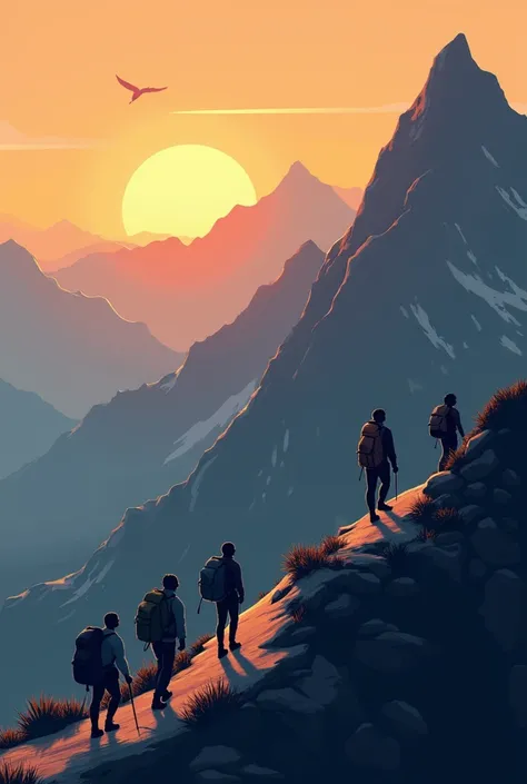 Animation of people walking on a mountain at dusk time