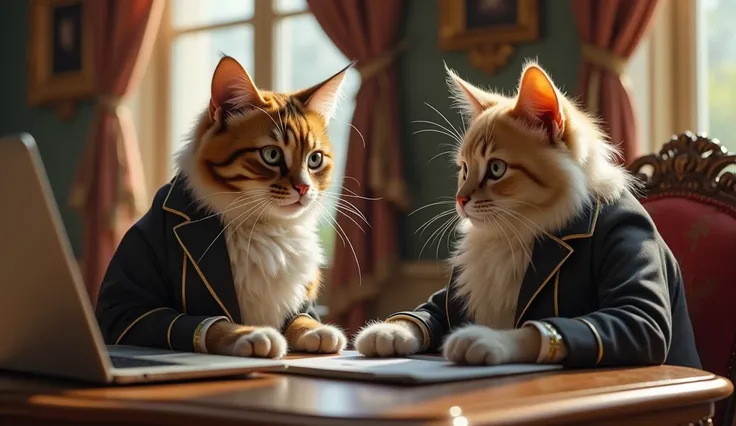 (Masterpiece, High Quality, High Resolution, Detail, 8k), A feline aristocrat teleworking in a European-style house, sitting in front of his computer, talking to the feline aristocrat on the screen. Soft natural light makes their expressions clear, cinemat...