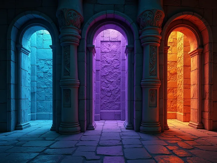 Lost City of Atlantis walls, 1st is a normal variation no blue hue, 2nd variation is a wall with purple’ish glow and more details, 3rd variations has much more detailed walls and glows orange, Glyphs of Serpents, slightly tilted camera