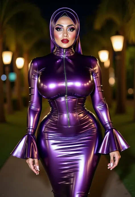 A beautiful hijab woman in a form-fitting shiny holographic purple chrome mirrored latex futuristic dress featuring flared cuffs and a purple corset, long tight skirt. She is styled with a purple holographic latex hijab that seamlessly complements her outf...