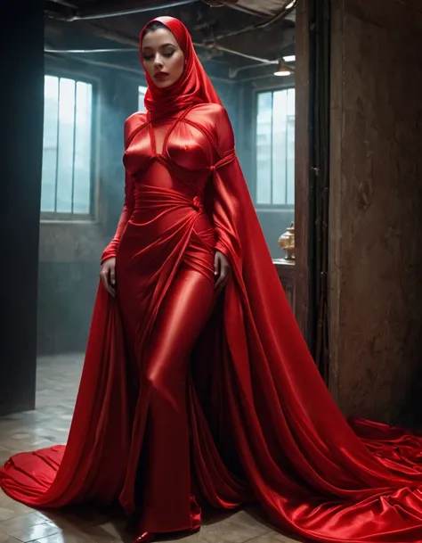 A woman shrouded in a 10-meter-long, plush semi transparent red satin cloth, slim body with big breast, tightly bound and grandly draping along the form of her body, flowing off into a pooled floor-length train, styled in a mermaid-inspired outfit with tig...