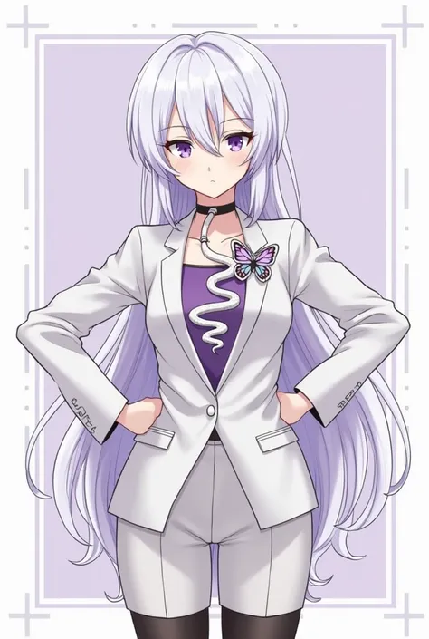 name:  sign Paula Nakamura
genus :  female skin
Age :  19
eye color :  purple with a white sheen
hair color :  white with purple tips and hair reaches up to the waist
mascot :  a white snake called Haru is on his neck
accessories :   purple butterfly brooc...