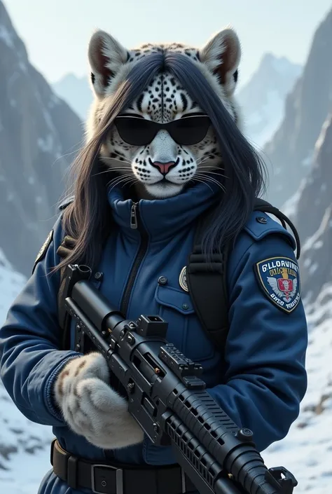  furry female snow leopard with long black hair, wearing undercover police uniform ,  black sunglasses and carrying a revolver  