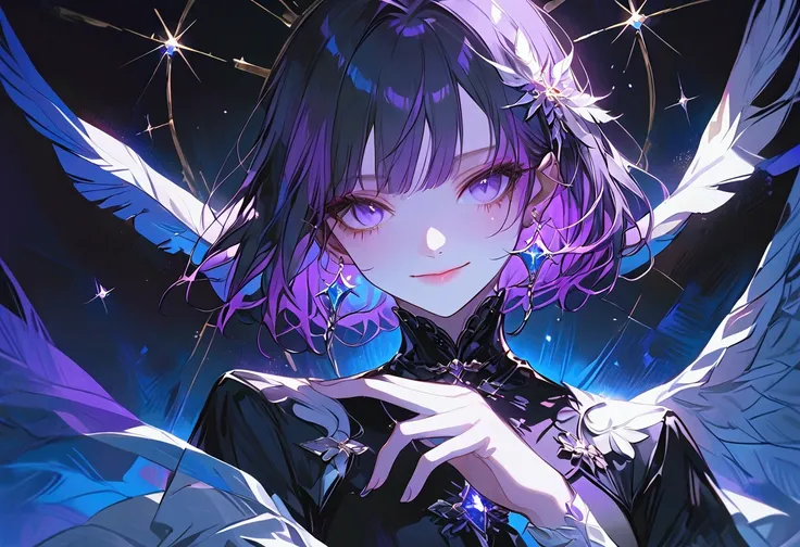  One Girl 、 Shorthair、Black Hair、Purple,青色dip-dye hair、Purpleの瞳、smile、 soft atmosphere 、purple crystal、blue crystal、Blue light、Feather、front、Sparkle、Right hand, five finger