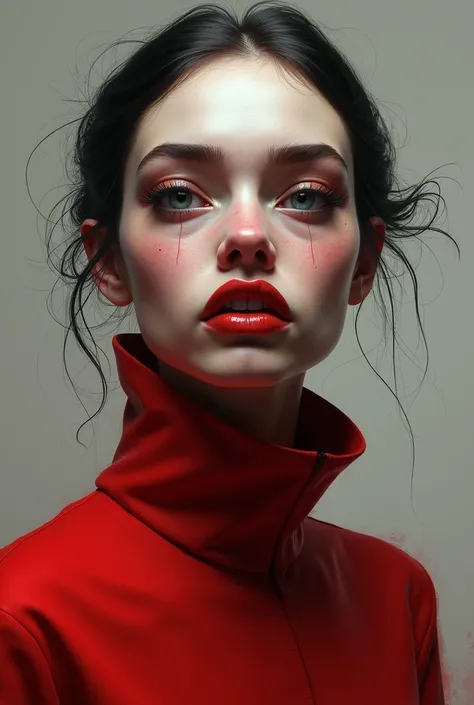 Bigger face, thicker nose and lips, red clothes