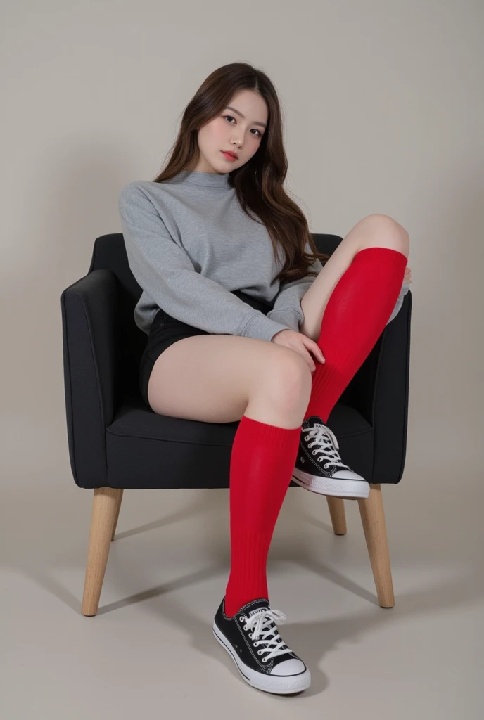 A girl whit brown hair wearing a gray shirt, black shorts, red high thigh socks and converse, she is sitting in a chair