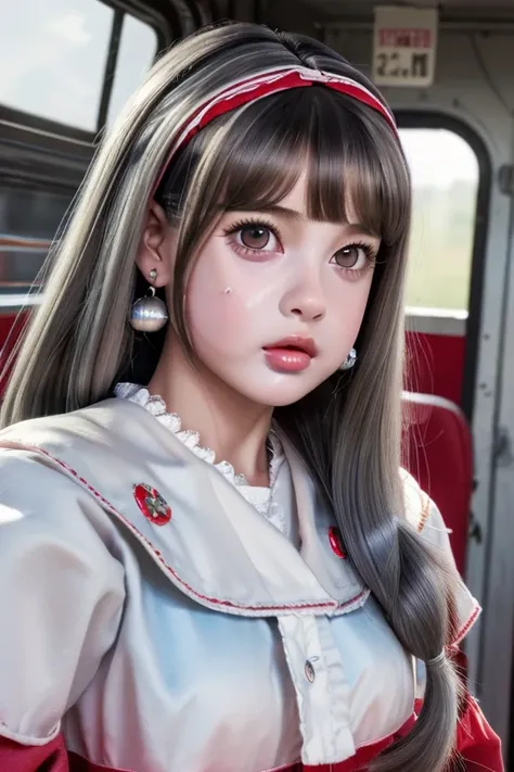 (realistic painting style:0.9), masterpiece,  top quality ,   absurd,  viewers, Alone, (グレー BABY DOLL:1.5),  Railway,  red eyes,  Big Breasts ,  long hair,  gray hair, bangs,  gray eyes,  earrings for women with first name, drill hair, Eyebrow hair,  hair ...