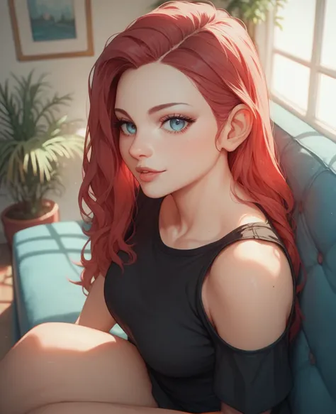 Anime Girl With Coral Red Long Hair And Light Blue eye, medium breast, black over shoulder sleeve shirt,close up, in living room sitting in couch, looking at viewer, head tilted up