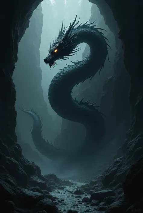 Oriental dragon made of shadows completely black in a totally dark cave