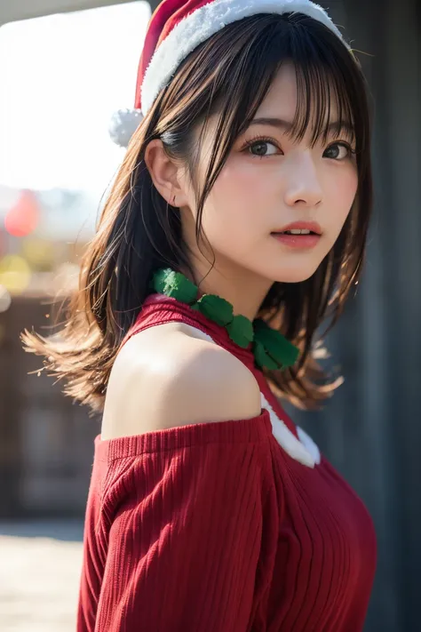 (8k,  RAW photo, top quality ,  High Definition :1.1), (超 realistic な:1.4),( realistic ,  realistic :1.3),Japanese Beauty、(( Santa Costume ))、(( upper body:1.3)), Christmas、 Christmasツリー、 Christmasプレゼント