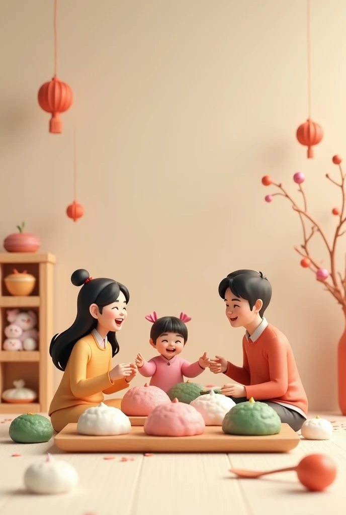 Happy winter solstice simple background, round and smooth round rice dumplings for a family of three, have pink, green and white rice dumplings q version 