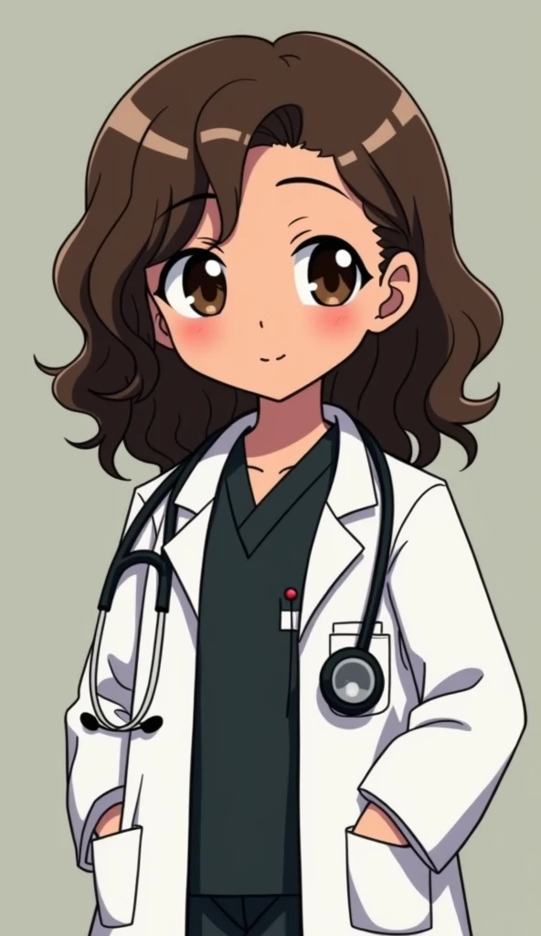  A light brown or tan girl with medium hair ,  wavy and dark brown color ,  with big brown eyes and small height wearing a doctors coat and stethoscope,  with a black surgical uniform , And all in the style of the program  "daria".