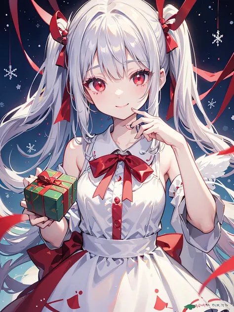 The 、 fits the body inside the box 、 Giveaway、 Silver Hair、Red eyes、 twin tails、 string that goes inside the box gets tangled around the body、 Santa Claus、Wear a dress、The Christmas tree is in the foreground、smile、The corners of the mouth turn up、Holly
