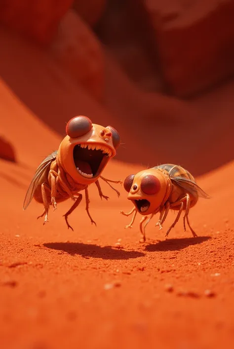 2 fleas laughing and jumping in a red sand