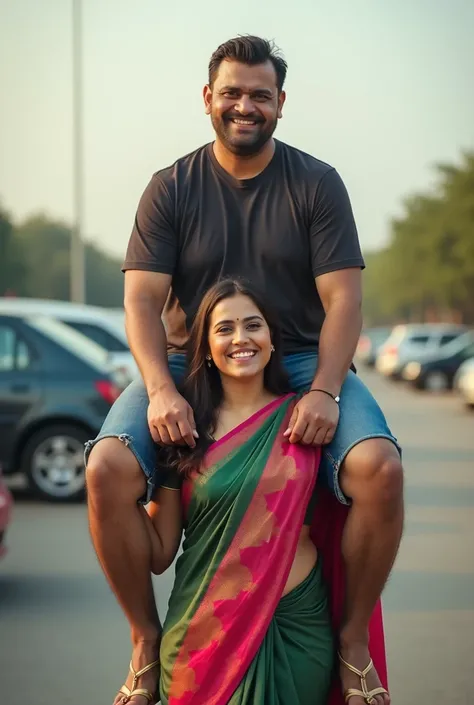 an overweight man sitting on a tall slim smiling beautiful brazilian brunette actress shoulders in a indian parking lot at morning , shoulder ride, carrying person, man on top half of image, woman on bottom half of image, she is wearing colorful satin sare...