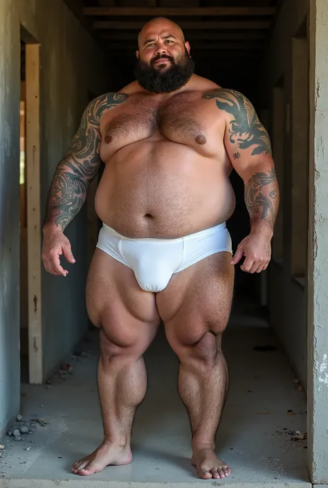      Muscular and fat Maori man     , Its big and huge      , Is that fat    ,      his body Beefy     ,     who has tattoos    ,      Who has a beard    ,    Wear white latex boxers    , He is muscular,      is in a building under construction,     that y...