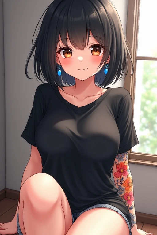  beautiful girl, One girl , Big Breasts , black hair, brown eyes, bob hair,Sugar face , beautiful faces, blue earrings,Tattoo on arm(red, orange , pink,Gray Flowers ), smiles, Black clothes,T-Shirts,Beautiful thighs in shorts,masterpiece, accurate,  top qu...