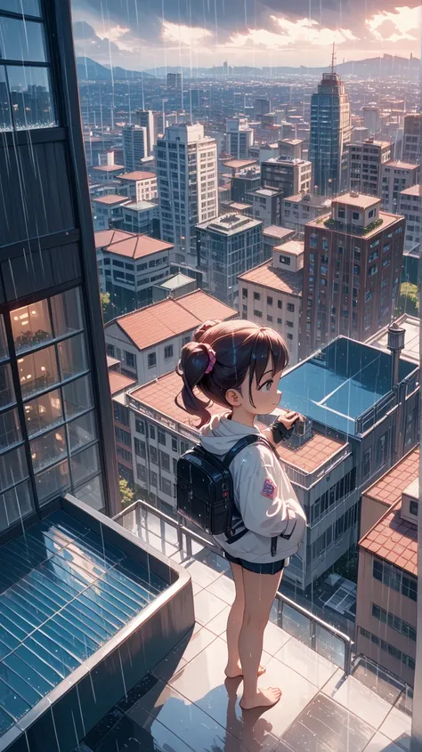 score_9, score_8_up, score_7_up, source_anime, 1girl, barefoot, loli,  rooftop, perching on rooftop edge, rain, cityscape