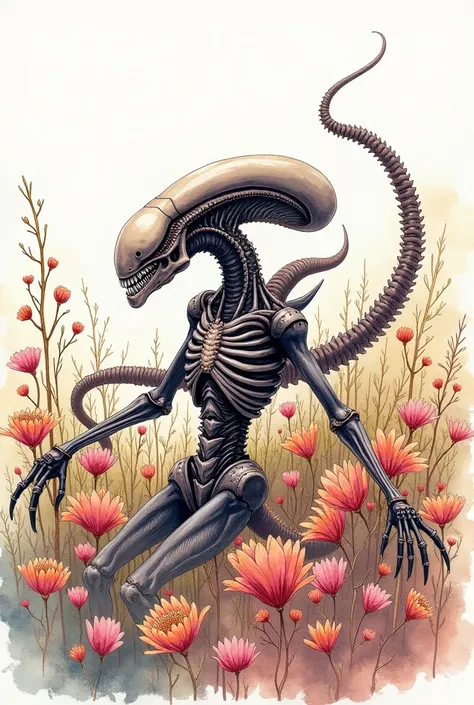 watercolor art, illustrative drawing, detailed line drawing, xenomorph, dynamic pose, lounging in a field of wild flowers
