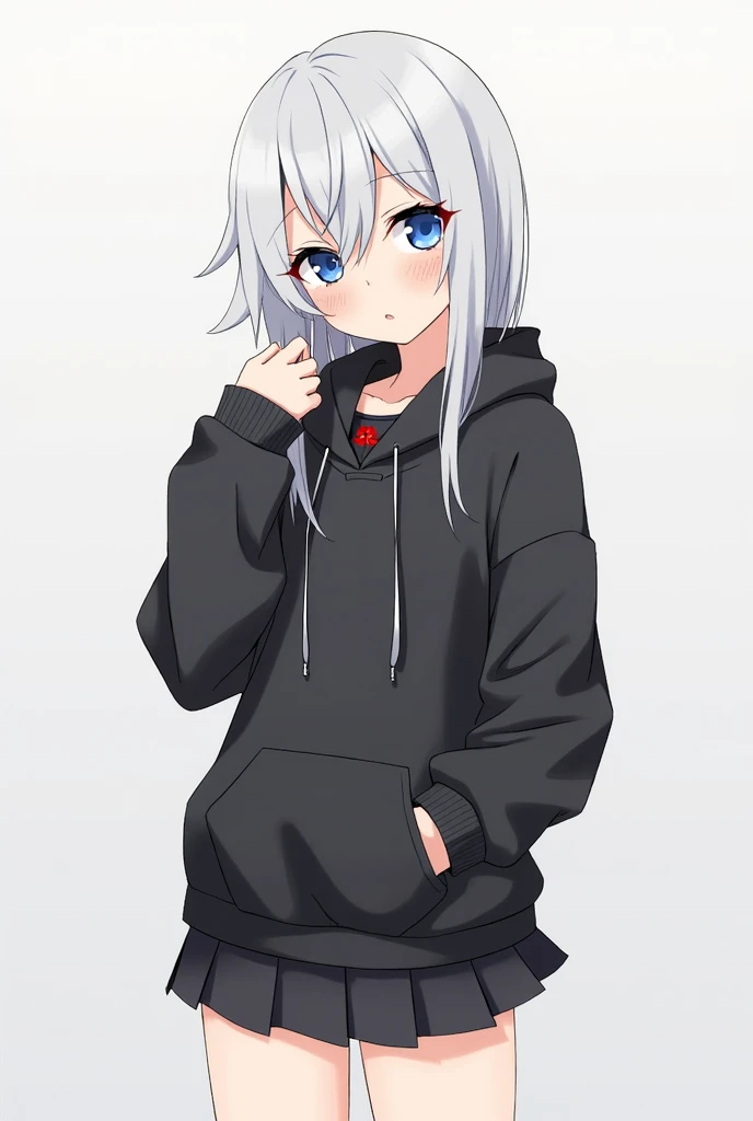 1 Solo girl, anime illustration, same character, saying onichan, refsheet, turnaround, girl, anime styled, character design, 2d, oversized hoodie and a skirt, black and gray, light skin, white long hair, blue eyeackground