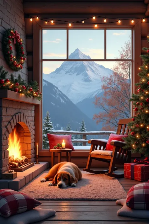 window , terrace ,  Christmas tree,  fireplace ,  garland of lights,  Rocking chair , cushion ,  plaid plaid ,  dog lying on carpet , table, tableon gyertya,   snowy mountain peak ,  Autumn tree 