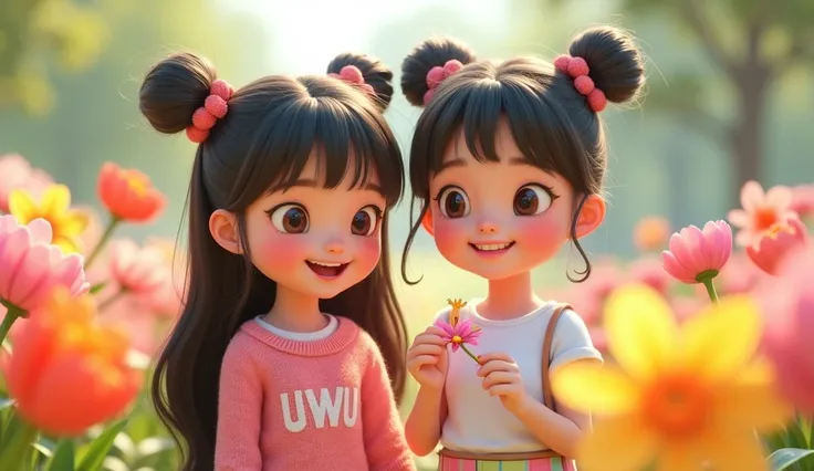 A close-up scene of two adorable girls, Uwu and Mika, in a vibrant garden full of colorful flowers.
Uwu: A cute  girl with hair styled in two buns on top and bangs, Clear hair fiber, cheeks flushed, beautiful cute girl, with a happy smile. She is wearing a...