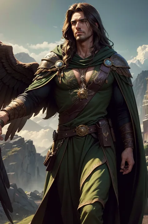 a tall and powerful muscular man with long wavy brown hair, huge brown feathered wings, wearing very dark green hooded robes, high fantasy style, dramatic lighting, cinematic composition, detailed facial features, detailed musculature, intricate feather te...