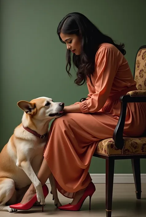 An Indian Dom Girl Sitting on a chair and human Dog is bowing down his head at her shoes and Licking her high heels with his tongue , The girl put his heel upon the dogs head) The girl trampling th dog 