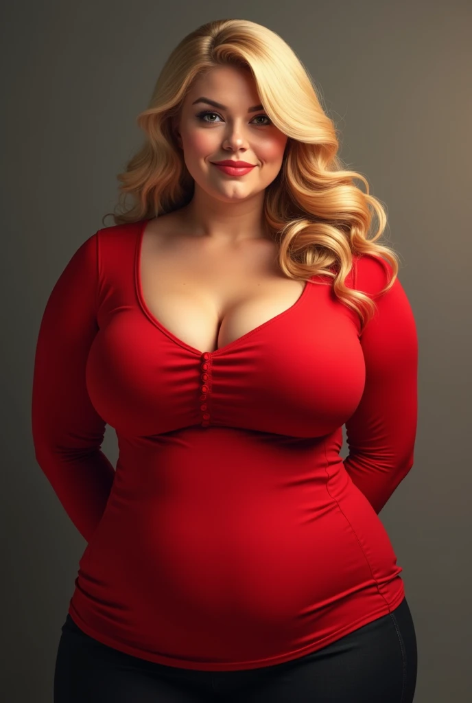 A chubby blonde woman with big breasts sexy in a red shirt 