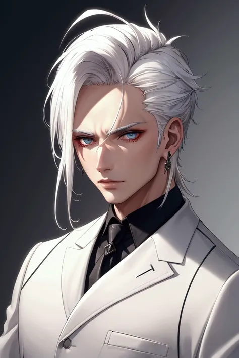 Man with white hair, heterochromia, wearing earrings and a suit