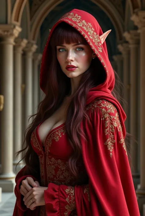 Beautiful young woman, Red Riding Hood, Red coat with red hood With gold pattern, (strong dark cherry Red hair),fringed bangs,long hair, White Crystal blue eyes,red lipstick,red cape is very much decorated with a striking pattern gold,realistic, elf royal ...