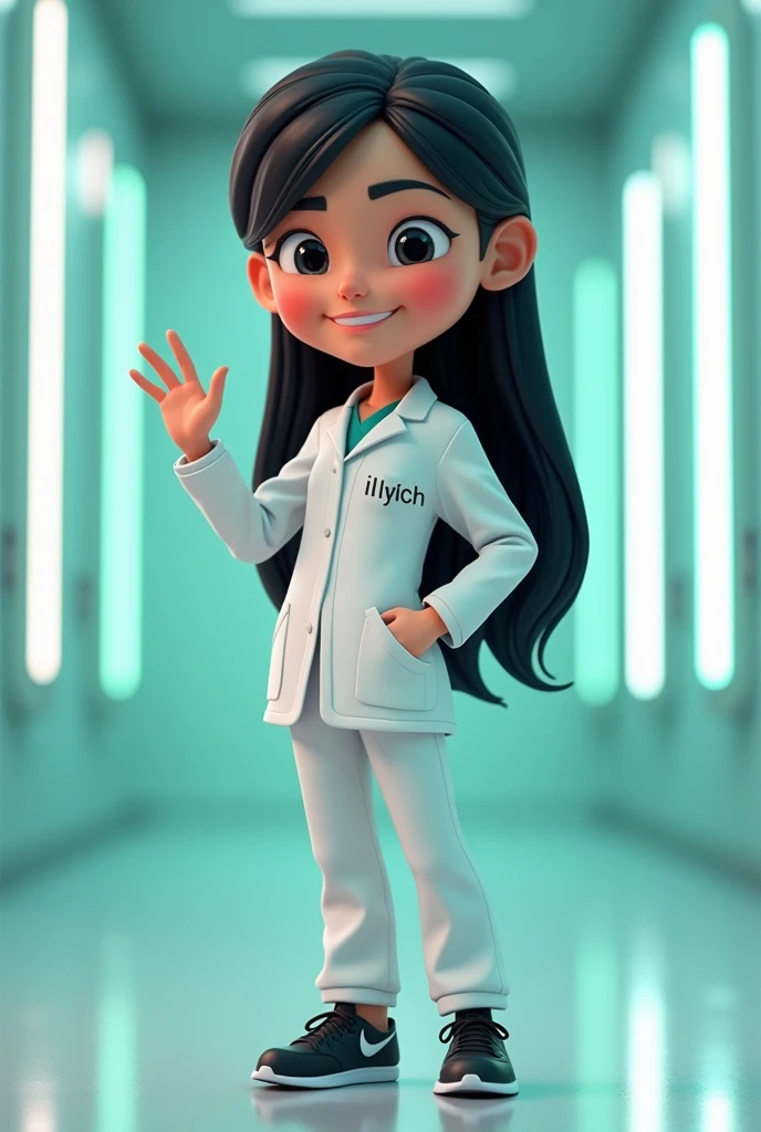 3D cartoon image of a teenager girl with back lenght black hair, wearing a white medical suits with name "Ilyich" in front of her medical suits,  and black Nike sneakers. She is gently smiling, and she is waving with one hand. The background is illuminated...