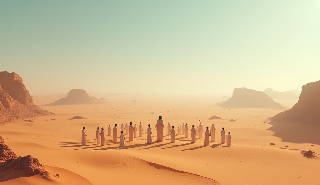 3.	a desert scenery,  where figures are separated into groups, representing the chosen .